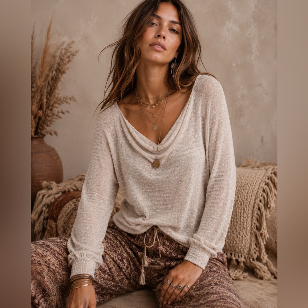 Free People Palmer Metallic Shimmer Top Beige Scoop Cowl Neck Draped Boho Y2K M